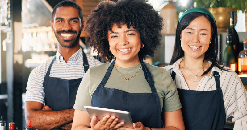 diversity-restaurant-portrait-team-bar-with-manager-waiter-waitress-startup-with-digital-app-bistro-service-barman-welcome-happy-small-business-owner-cafe-with-tablet